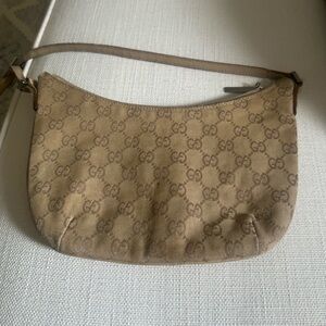 Gucci Metallic Gold Canvas Half Moon Hobo Shoulder Handbag Purse